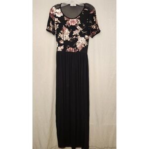 Vtg A3 Design Sheer Dress Wmns S Black Floral Mesh Maxi Short Sleeve Made USA